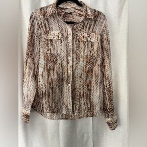Lucky Brand Snake Print Button Down Shirt Cotton Brown Cream Size M